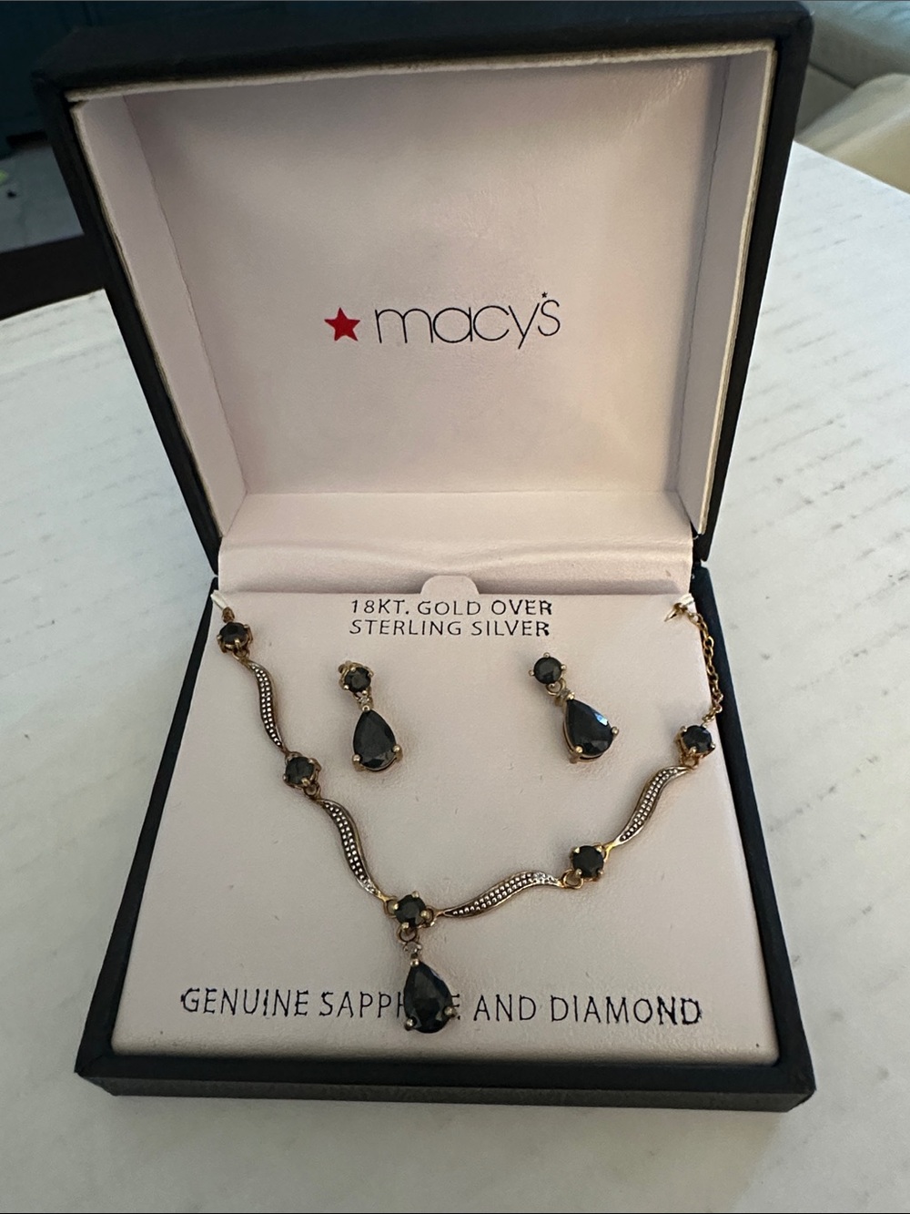 Macy's Gold Over Sterling Silver Black Sapphire Teardrop Necklace & Earrings